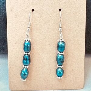 Stainless Steel Genuine Freshwater Teal Pearls 3ea w/Silver Tone Rondelles